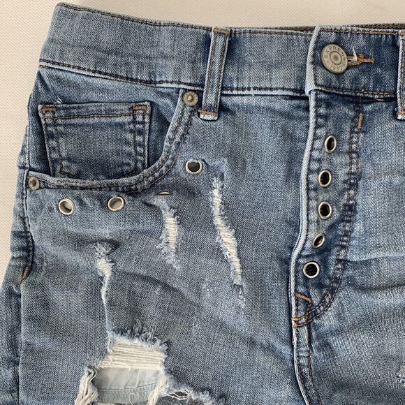 Express Denim Jean Shorts Womens 2 Shortie Vintage High Rise Distressed Metal - Picture 5 of 12